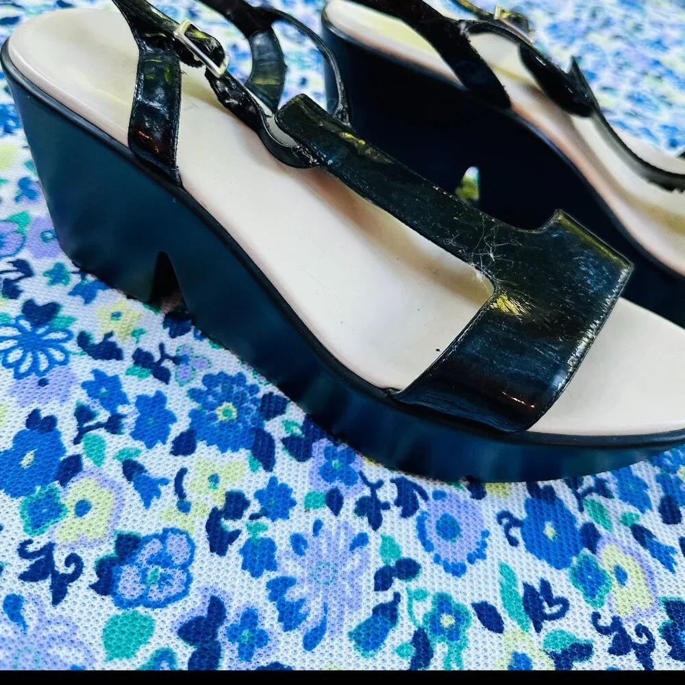 Nine West Black Patent Leather Platform Sandals Slingback Womens 8 Y2K